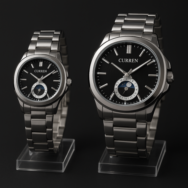 Curren Stainless Steel Couple Watch Set With Moonphase Design