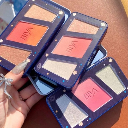 3 In 1 Colors Facial Blush Gradual Powder Blusher Shimmer Highlighter