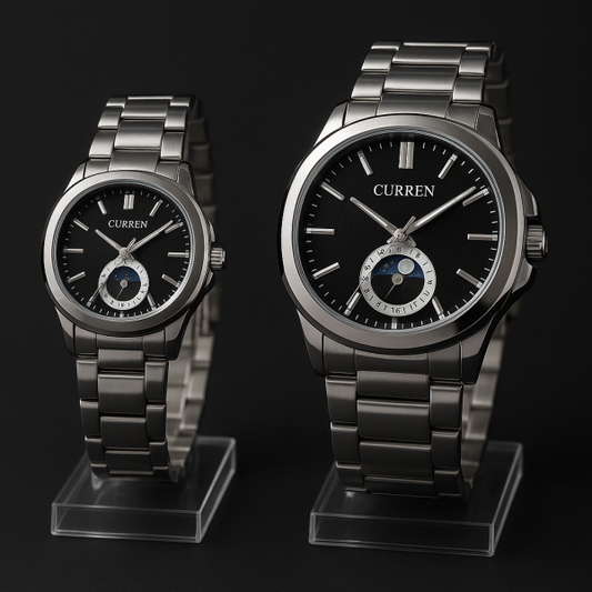 Curren Stainless Steel Couple Watch Set With Moonphase Design